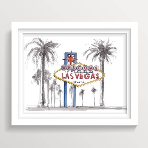 LAS VEGAS SIGN Aquarel Schilderij - Welkom bij Fabulous Las Vegas, The Strip, Retro, Neon, Tekening, Illustratie, Sin City, Getekend Daar
