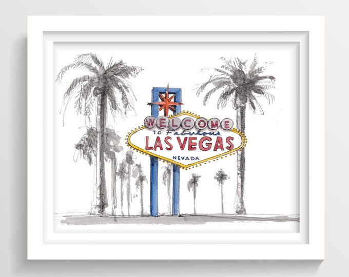 LAS VEGAS SIGN Watercolor Painting - Welcome to Fabulous Las Vegas, The Strip, Retro, Neon, Drawing, Illustration, Sin City, Drawn There