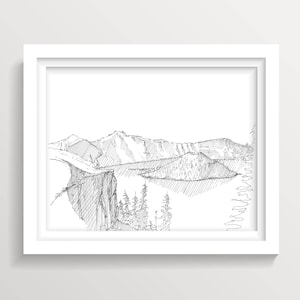 CRATER LAKE National Park, Oregon - Wizard Island, Vulkaan, Bergen, Tekening, Pen en Inkt, Natuur, Landschap, Schetsboek, Kunst, Daar getekend