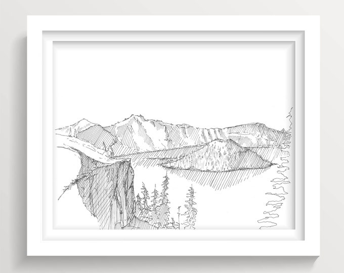 CRATER LAKE National Park, Oregon - Wizard Island, Volcano, Mountains, Drawing, Pen and Ink, Nature, Landscape, Sketchbook, Art, Drawn There