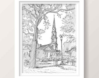 First Baptist Church Chippewa Square Savannah Georgia | Fine Art Print | Historic Church Wall Art | Architectural Illustration