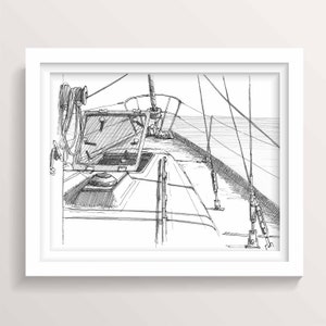 May include: A black and white pencil sketch of a sailboat deck with a hatch open and ropes and rigging visible.