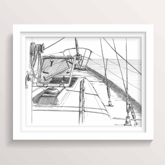 SAILBOAT DECK and RIGGING - Nautical Pen and Ink Drawing, Exumas Bahamas Caribbean Sailing, Technical Ocean Art Print, Drawn There