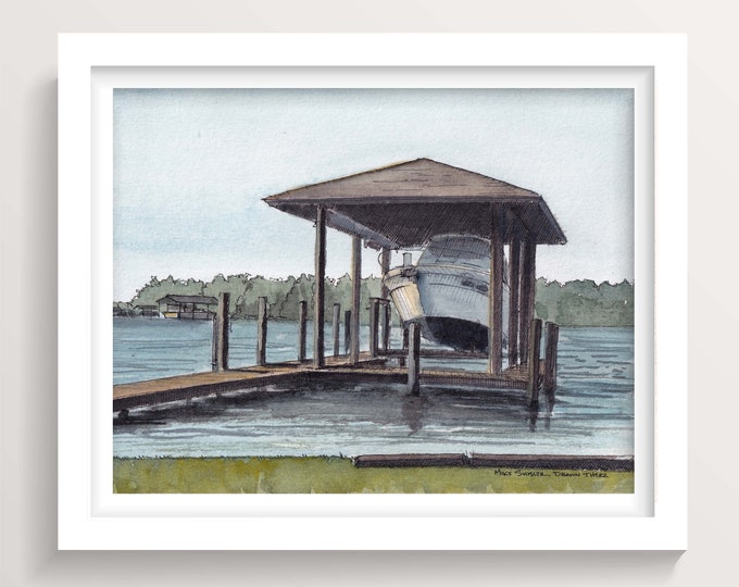 BOAT ON LIFT - Florida Intercoastal Waterway Fishing Boat and Dock, Ink and Watercolor Painting, Nautical Art Print Wall Art, Drawn There