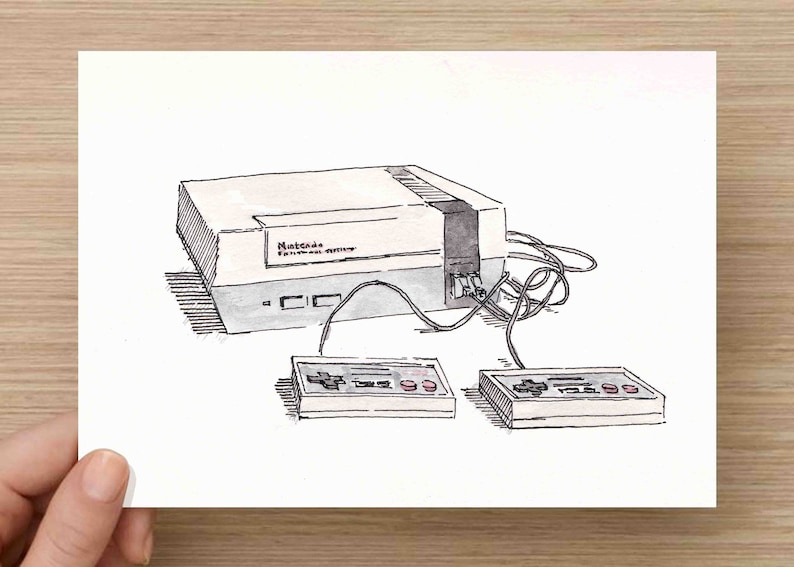 May include: Watercolor illustration of a classic Nintendo Entertainment System (NES) console with two controllers. The console is light gray with the text "Nintendo Entertainment System" visible. The controllers have red buttons.