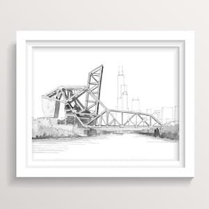 ST CHARLES AIRLINE Bridge, Chicago River, City Skyline, Industrial Plein Air Pen and Ink Drawing, Art Print, Urbansketcher, Drawn There