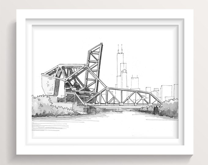 ST CHARLES AIRLINE Bridge, Chicago River, City Skyline, Industrial Plein Air Pen and Ink Drawing, Art Print, Urbansketcher, Drawn There