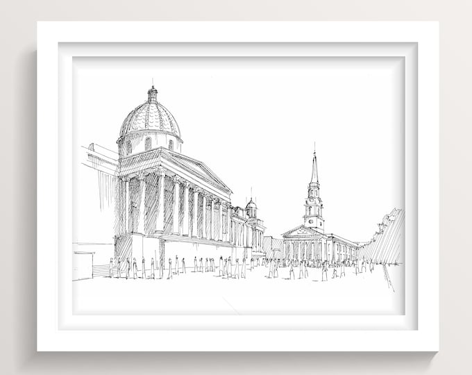 TRAFALGAR SQUARE LONDON - England, uk, Ink Drawing Wall Art Print, National Gallery, Travel Art, Black and White Line Art, Drawn There