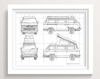 WESTY CAMPER VAN - Technical Drawing, Camper, Vanlife, Van, Drawing, Pen and Ink, Watercolor, Painting, Art, Sketchbook, Drawn There