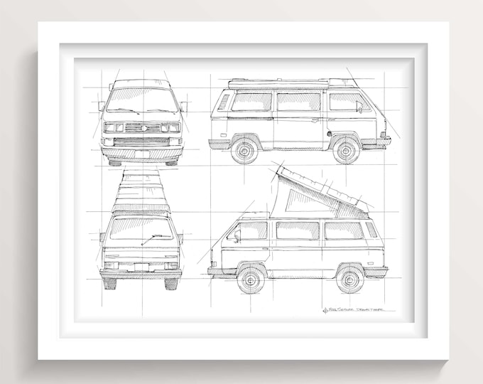 WESTY CAMPER VAN - Technical Drawing, Camper, Vanlife, Van, Drawing, Pen and Ink, Watercolor, Painting, Art, Sketchbook, Drawn There