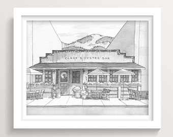 CLARKS OYSTER BAR - Aspen, Colorado, Raw Bar, Ski Town, Pen and Ink Drawing, Wall Art Print, Drawn There