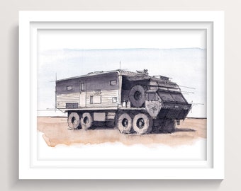 OVERLANDING EARTHROAMER VEHICLE - Offroad Truck, Military Vehicle, 4x4, 8x8, Apocalypse, Off Grid Camping, Watercolor Painting, Drawn There