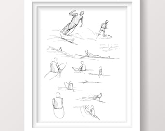 SURFER SKETCHES - Pen and Ink, Pacific Beach, San Diego, Beach, Ocean, Surfing, Drawing, Art, Drawn There