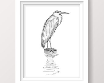 BLUE HERON - Bird, Nautical Art, Chesapeake Bay, Nature, Animal, Pen and Ink, Drawing, Sketchbook, Art, Drawn There