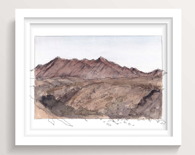 QUARTZITE ARIZONA MOUNTAINS - Desert Southwest Mountain Range Ink and Watercolor Landscape Plein Air Painting, Wall Art Print, Drawn There
