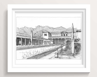 GETTY ITALIAN VILLA - Pen and Ink Classical Italian Architecture Drawing, Villa dei Papiri, Malibu, California, Museum, Art, Drawn There