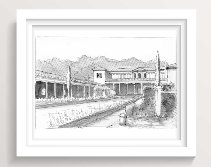 ITALIAN VILLA - Pen and Ink Classical Italian Architecture Drawing, Villa dei Papiri, Sketch, Malibu, California, Museum, Art, Drawn There