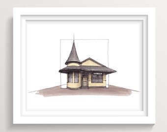NEW HOPE PENNSYLVANIA - Train Station, Bucks County, Ink Drawing, Watercolor Painting, Architecture, Art Print, Drawn There