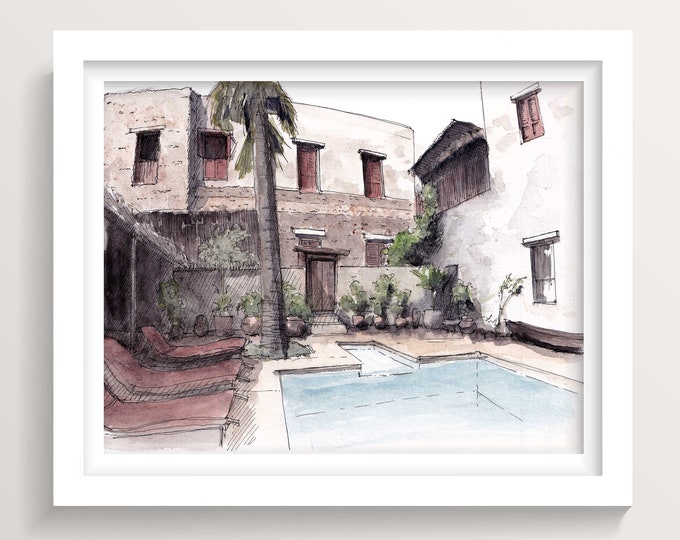 LAMU HOUSE HOTEL - Kenya, Africa, Courtyard, Architecture, Plein Air Ink and Watercolor Painting, Drawing, Art Print, Drawn There