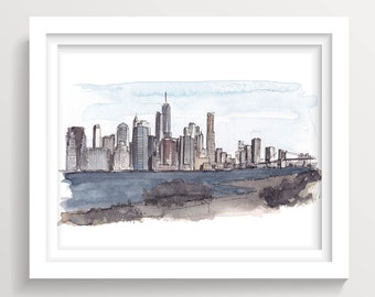 NEW YORK SKYLINE - nyc, Manhattan, City, Freedom Tower, Architecture, Ink Drawing, Ink and Watercolor Painting, Art Print, Drawn There
