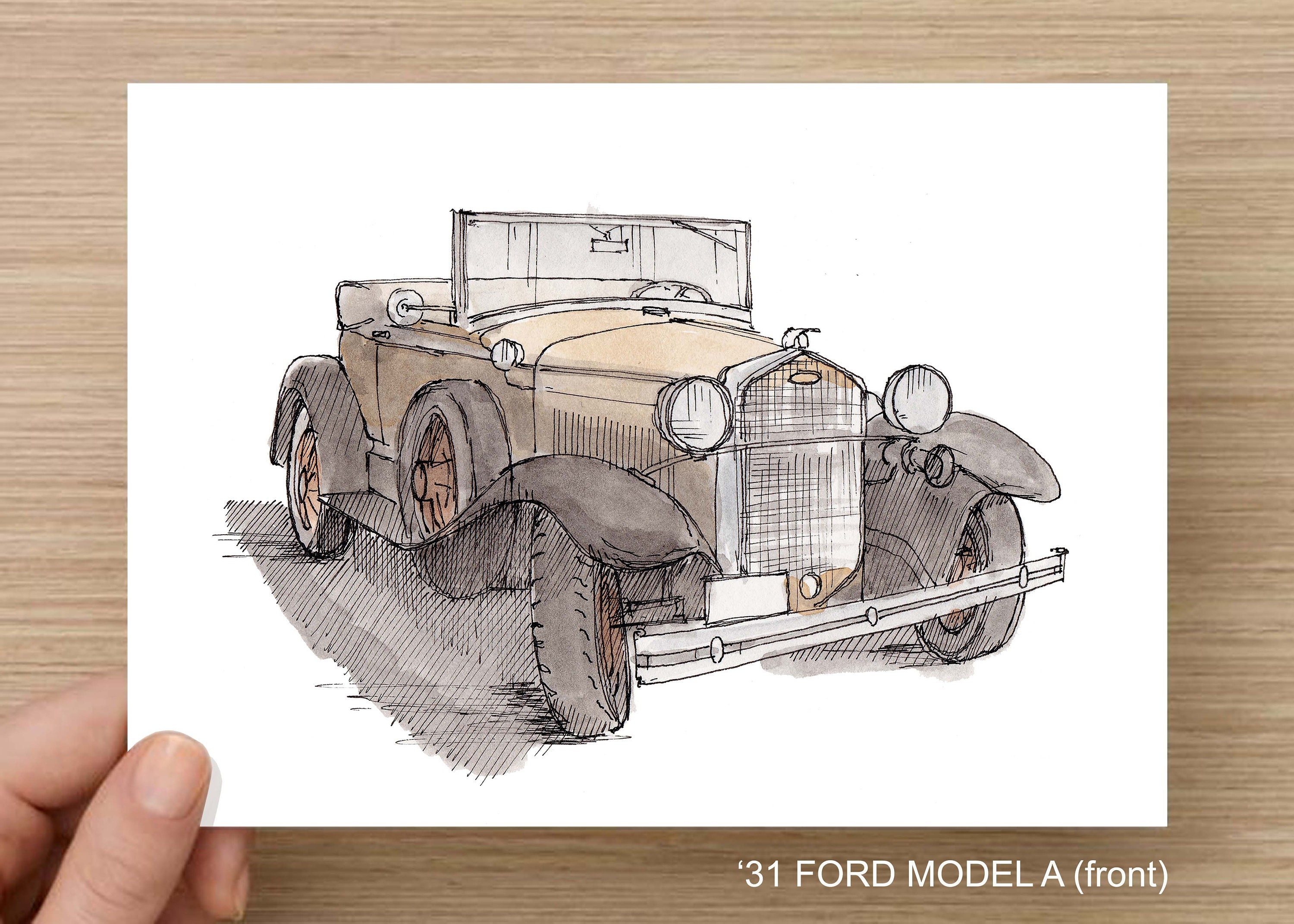 1931 Ford Model A Vintage Car Classic Car Drawing Art Ink And Watercolor Painting Art Print History Drawn There