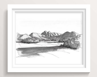 PLAYA EL TECOLOTE - Pen and Ink Mountains, Plein Air Landscape Painting, Travel Sketchbook, Art, Baja Mexico, Drawn There