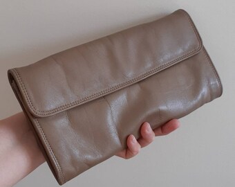 taupe patent leather clutch