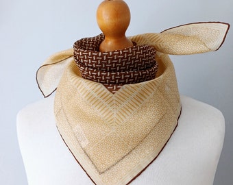 Vintage Lehner Swiss fine cotton beige & brown pattern headscarf | retro bandana | headband | 1970s