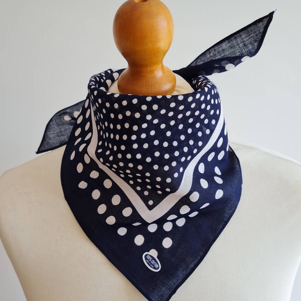 bandana triangulaire vintage en coton à pois bleu marine et blanc des années 1970 | foulard | serre-tête | carcasses | fabriqué au Japon