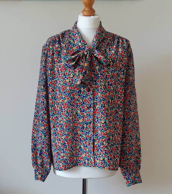 Vintage 1980s Eastex blouse with bow tie neck colourful | Etsy