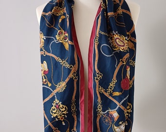 Vintage equestrian style long silky fabric scarf | classic 1980s style | 52" x 11" | horse themed