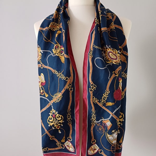 Vintage equestrian style long silky fabric scarf | classic 1980s style | 52" x 11" | horse themed