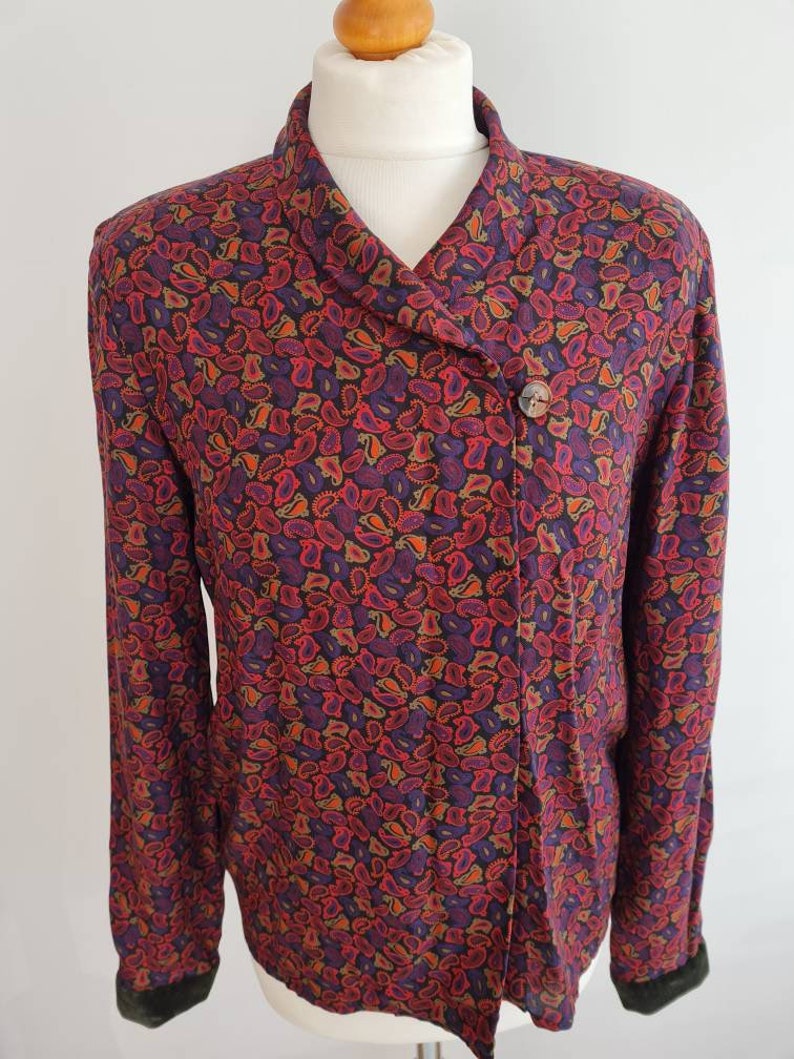 Vintage 1980s paisley design blouse Miss O by Oscar de la Renta shoulder pads image 1