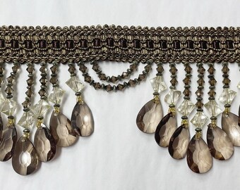 Venice Light Brown Beaded Fringe Trim: w/ Antique Gold & Ivory Accent Beads, 4" Decor Trim.  Priced per Yard