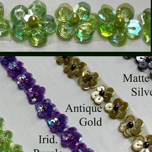 Sequin Flower Trim | Headbands, Apparel, Dance | Sparkling 1/2&quot; Wide Flowers w/ Sequins on Net Backing | Unique Performance Costume Trimming