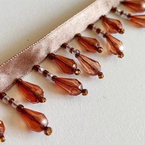 Sale Copper Penny Beaded Fringe Trim Accent Seed Beads in Clear & Brown Home Decor Pillow Lampshade Craft Project 1.5 Long Incl 3/8 Ribbon image 2