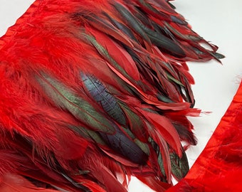 7" Red & Dark Green Iridescent Feather Fringe Trim | Coque Feathers | Full Trimming for Dress, Xmas Feather Skirt, Holiday Decorating