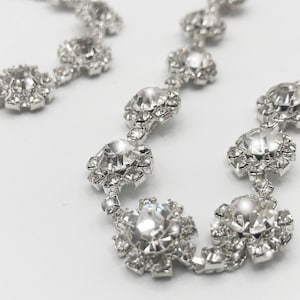 Crystal Rhinestone Flower Chain set in Silver tone Metal is 1/2&quot; Wide | Unique and Elegant Trim for Evening Apparel & Shoes. Priced Per Yard