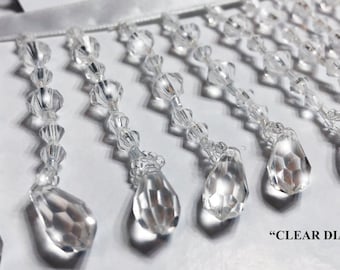 Diamond Clear Teardrop Bead Fringe Trim: 3" Long Beaded Trimming on White Satin Ribbon for Drapery, Lampshade Home Decor