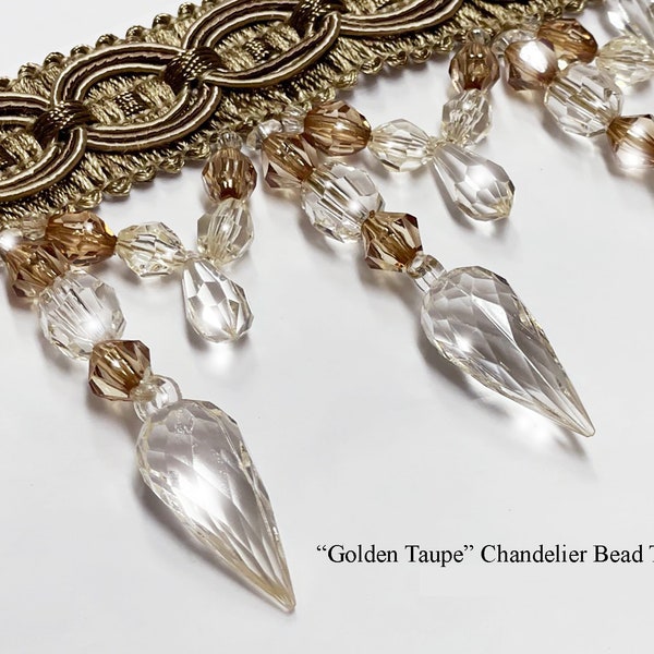 Golden Taupe Designer Chandelier Bead Fringe Trim | Unique Beaded Decorators Home Décor Trim Decorative Beads For Drapery or Valance