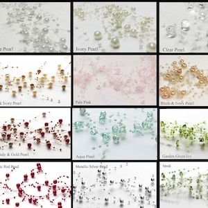 May include: Assortment of decorative beaded strands in various colors, including white, ivory, clear, gold, pink, burgundy, aqua, green, and silver. Each strand features different bead sizes and textures, with labels identifying each color.