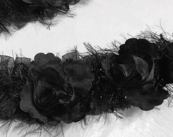 Black Organza & Chenille Flower Trim Accent Trimming  | Flower Petals | Wedding, Clothing, Accessory, Home Decor| Chic Ribbon Embellishment
