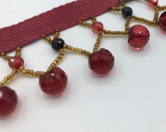 30% OFF SALE Red Italian Marble Beaded Fringe Acrylic Beads Glass Bead Accent Decor Trimming Burgundy & Gold Holiday Christmas Craft Trim