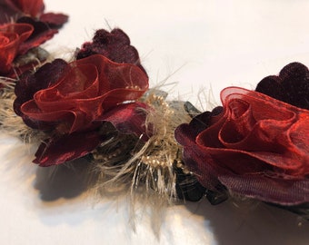 Burgundy & Black Organza Chenille Flower Trim | Red Rose Petals | Clothing, Pillow Home Decor Flowers |Unique Ribbon Elastic Embellishment