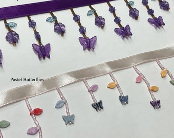 Butterfly Beaded Fringe Trim | Choose: Purple, Turquoise & Copper Bead or Multi Pastel Butterflies | Beads in Flowers and Leaves | 2" Long