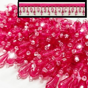 Sale! Fuchsia Beaded Fringe Trim w/Clear Seed Beads Home Decor Pillow Lampshade Craft Project. Total Length 1.5&quot; Incl 3/8&quot; Pink Satin Ribbon