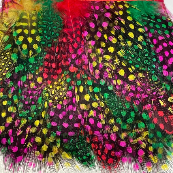 Sale | Polka Dot Feather Trim | Bright Color Guinea Feathers w/ Green, Pink, Yellow and Red Spotted Dots on Black | Apparel & Craft Trimming