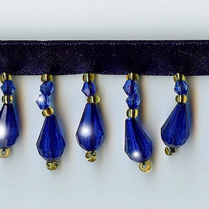 Royal Blue Beaded Fringe Trim w/ Gold Seed Accent Beads Cobalt Blue Home Decor Pillow Lampshade Craft Project 1.5 Long Incl. 3/8 Ribbon image 1
