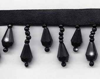 Black Diamonds Beaded Fringe Trim w/ Accent Seed Beads Home Decor Pillow Lampshade Craft Project  1.5" Long (Incl. 3/8" Black Ebony Ribbon)