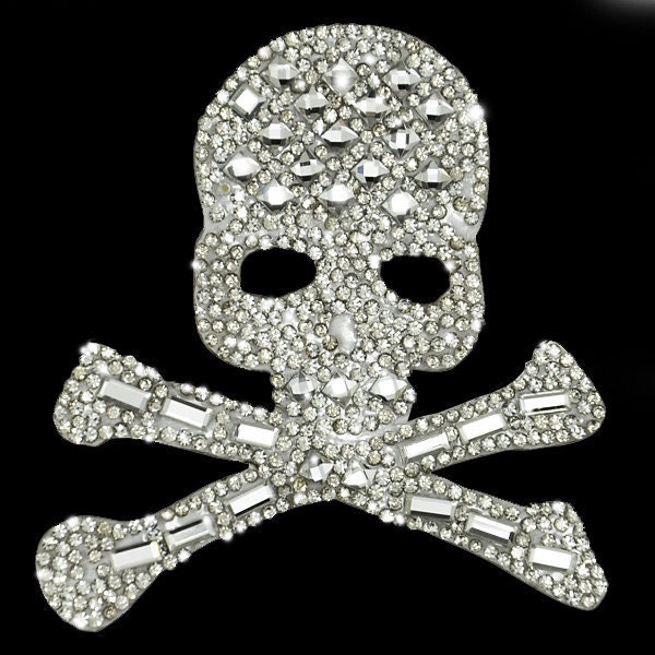 Glass Rhinestone Skull & CrossBones Applique | Large Iron-On 3" Embellished Crystals | Add Skulls and Bones Bling Jeans, Backpack, Apparel